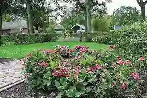 Groene voortuin met kleurrijke bloemen bij Ons Huusie